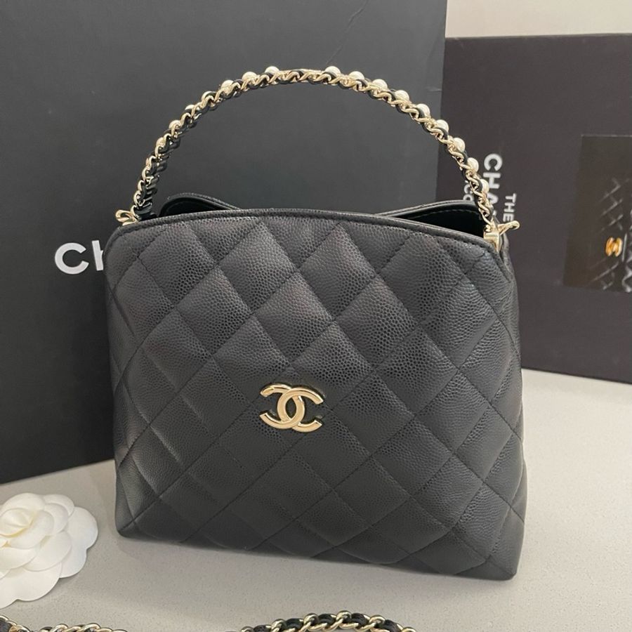 Chanel香奈兒 26c 黑金珍珠手柄飯盒包手提包斜挎包 底長19cm-1