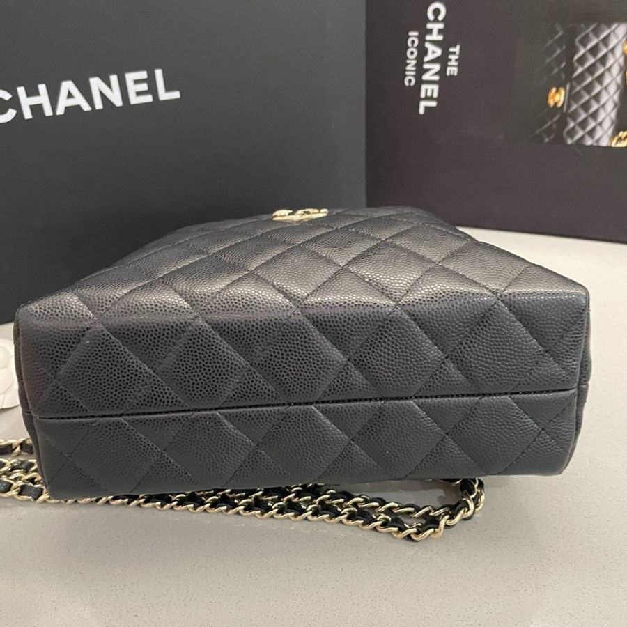 Chanel香奈兒 26c 黑金珍珠手柄飯盒包手提包斜挎包 底長19cm-4