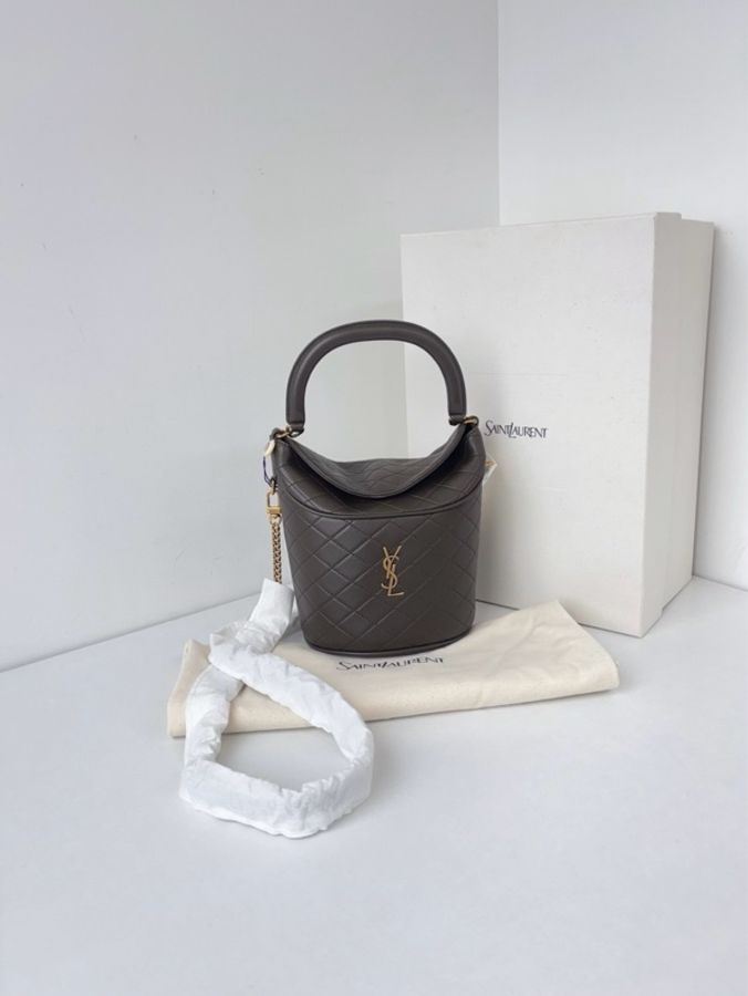 ✨YSL|Gaby Bucket卡其綠金扣翻蓋菱格紋水桶包|閒置新全配-1