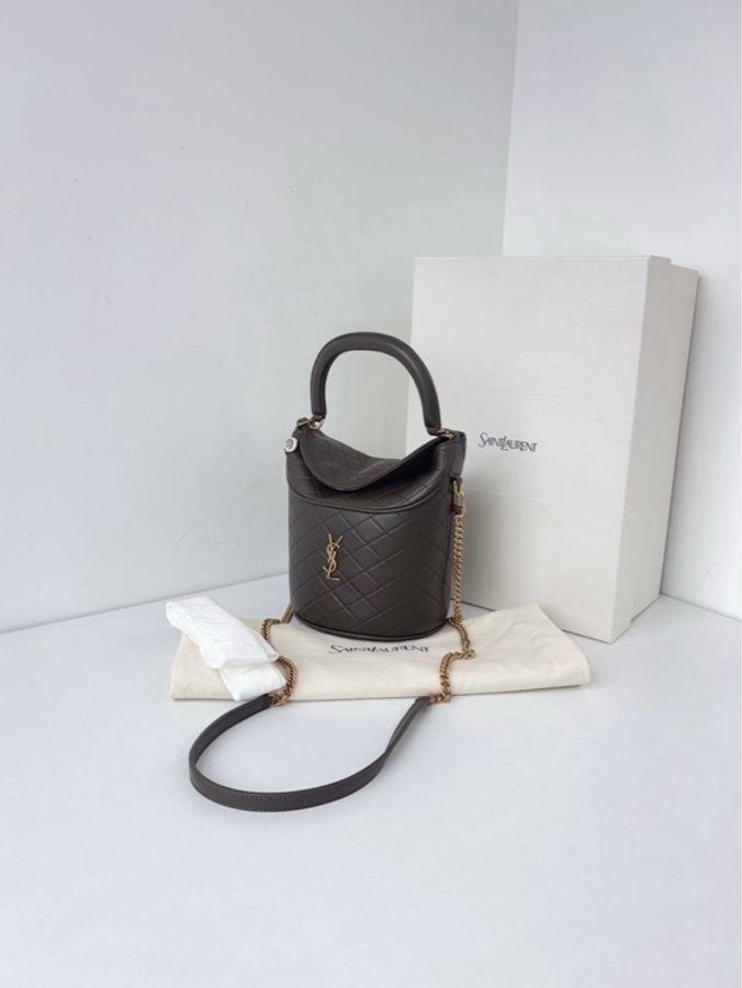 ✨YSL|Gaby Bucket卡其綠金扣翻蓋菱格紋水桶包|閒置新全配-2