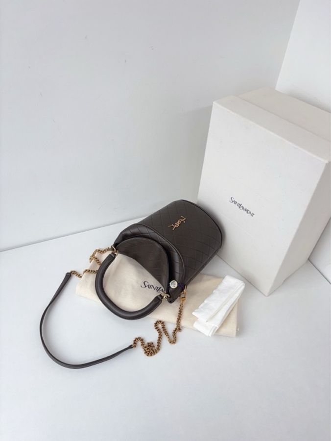 ✨YSL|Gaby Bucket卡其綠金扣翻蓋菱格紋水桶包|閒置新全配-4