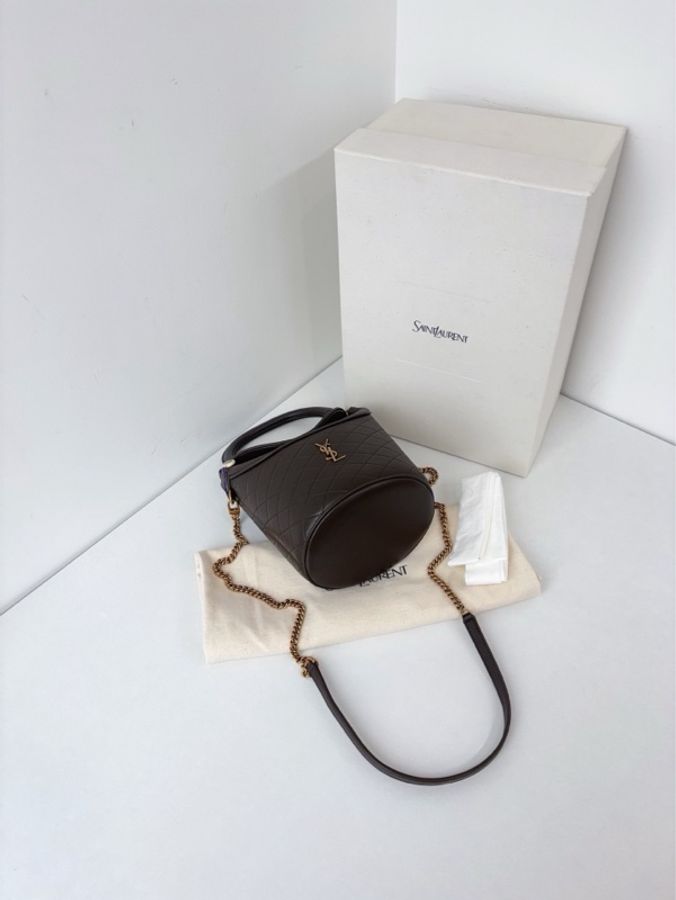✨YSL|Gaby Bucket卡其綠金扣翻蓋菱格紋水桶包|閒置新全配-5