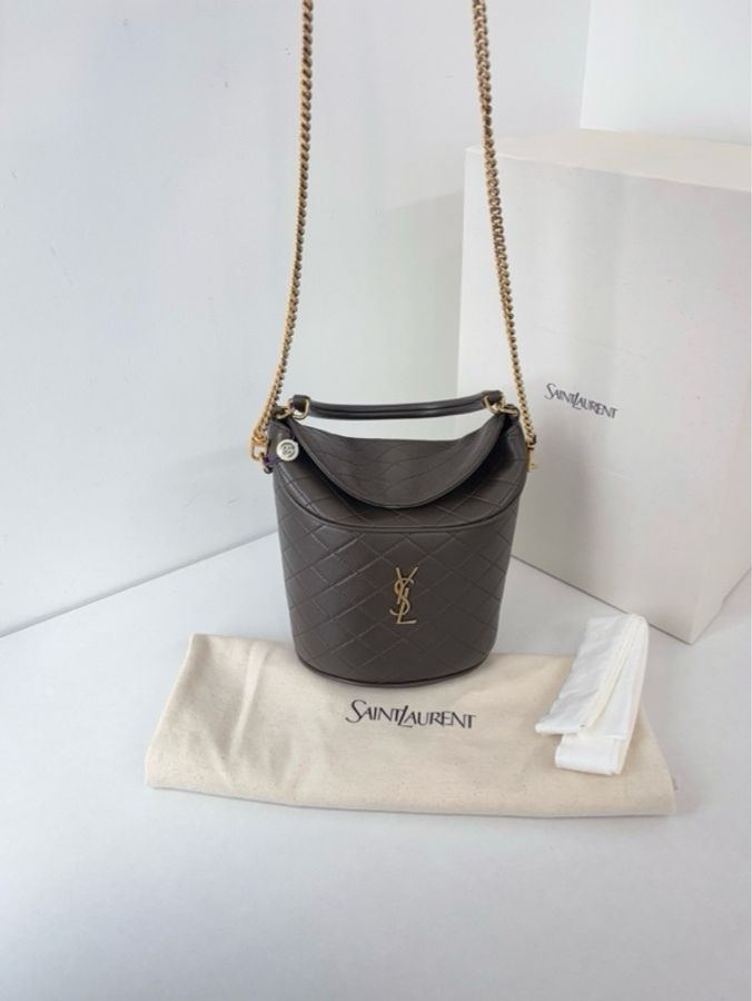 ✨YSL|Gaby Bucket卡其綠金扣翻蓋菱格紋水桶包|閒置新全配-6