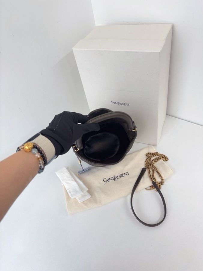 ✨YSL|Gaby Bucket卡其綠金扣翻蓋菱格紋水桶包|閒置新全配-7