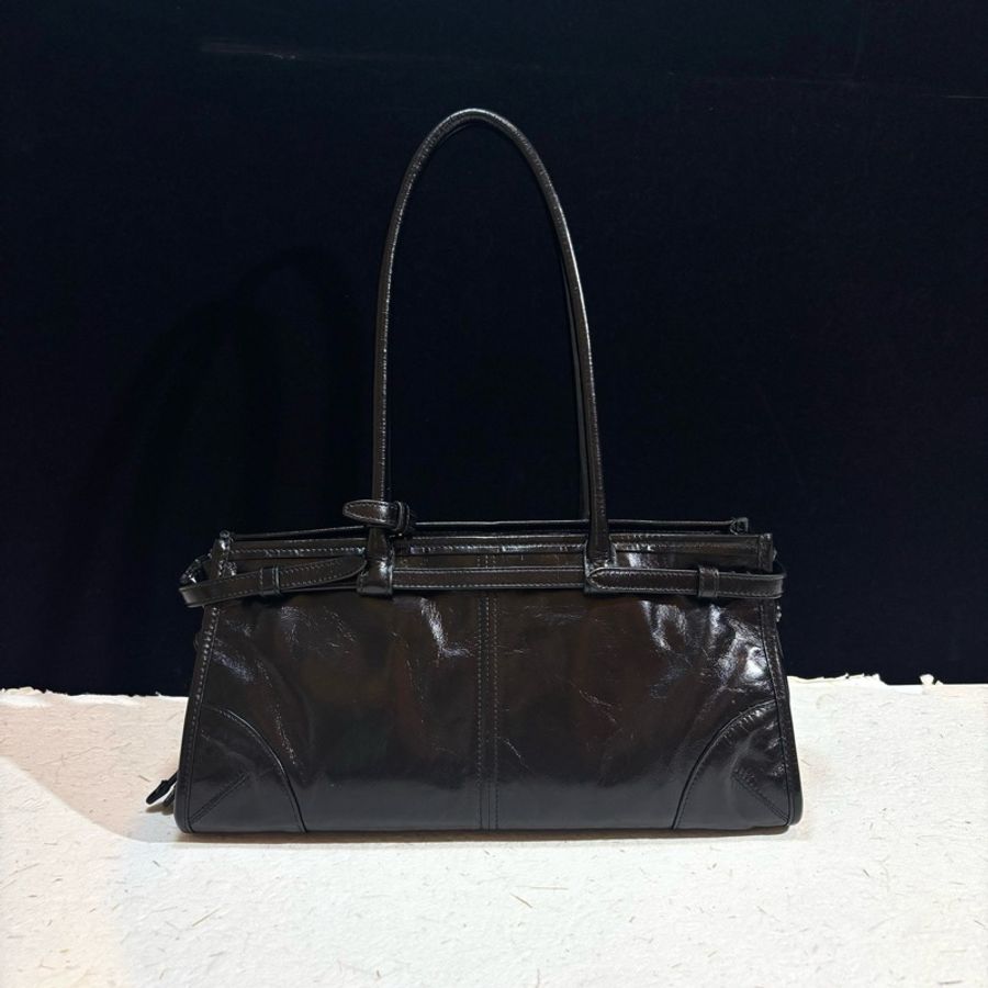 Prada/普拉達 bonnie 黑色長手柄油蠟皮soft Iux倒三角徽標手提包單肩包斜挎包-1