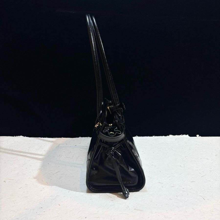 Prada/普拉達 bonnie 黑色長手柄油蠟皮soft Iux倒三角徽標手提包單肩包斜挎包-3