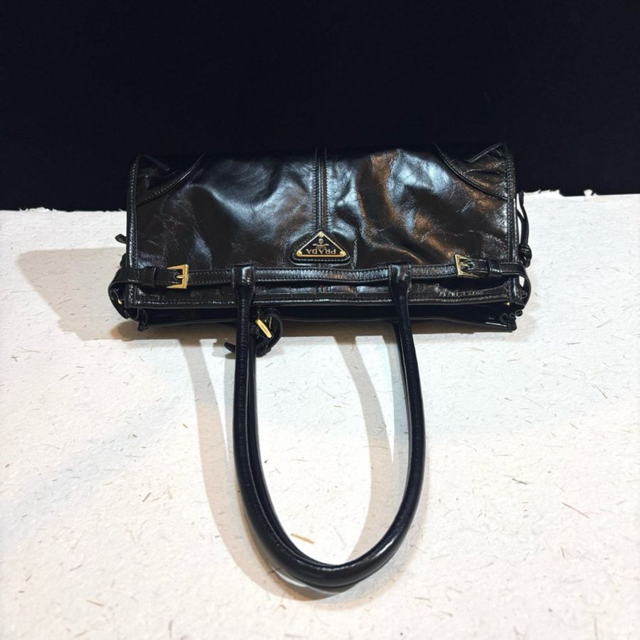 Prada/普拉達 bonnie 黑色長手柄油蠟皮soft Iux倒三角徽標手提包單肩包斜挎包-4