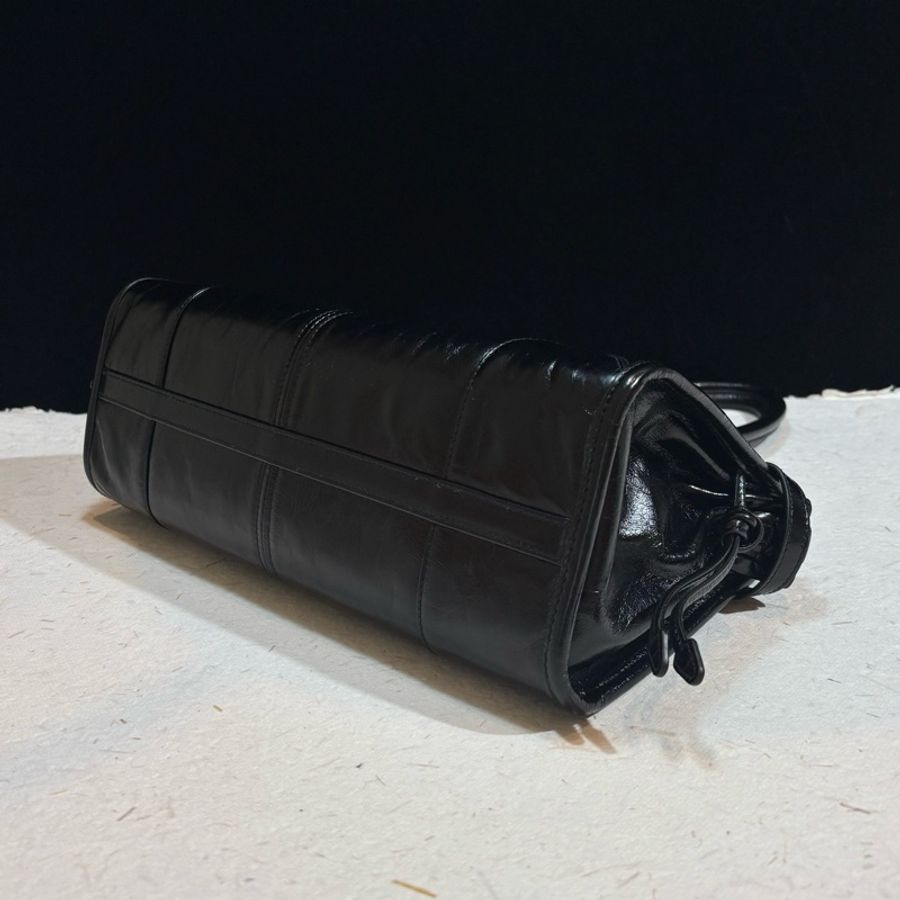Prada/普拉達 bonnie 黑色長手柄油蠟皮soft Iux倒三角徽標手提包單肩包斜挎包-7