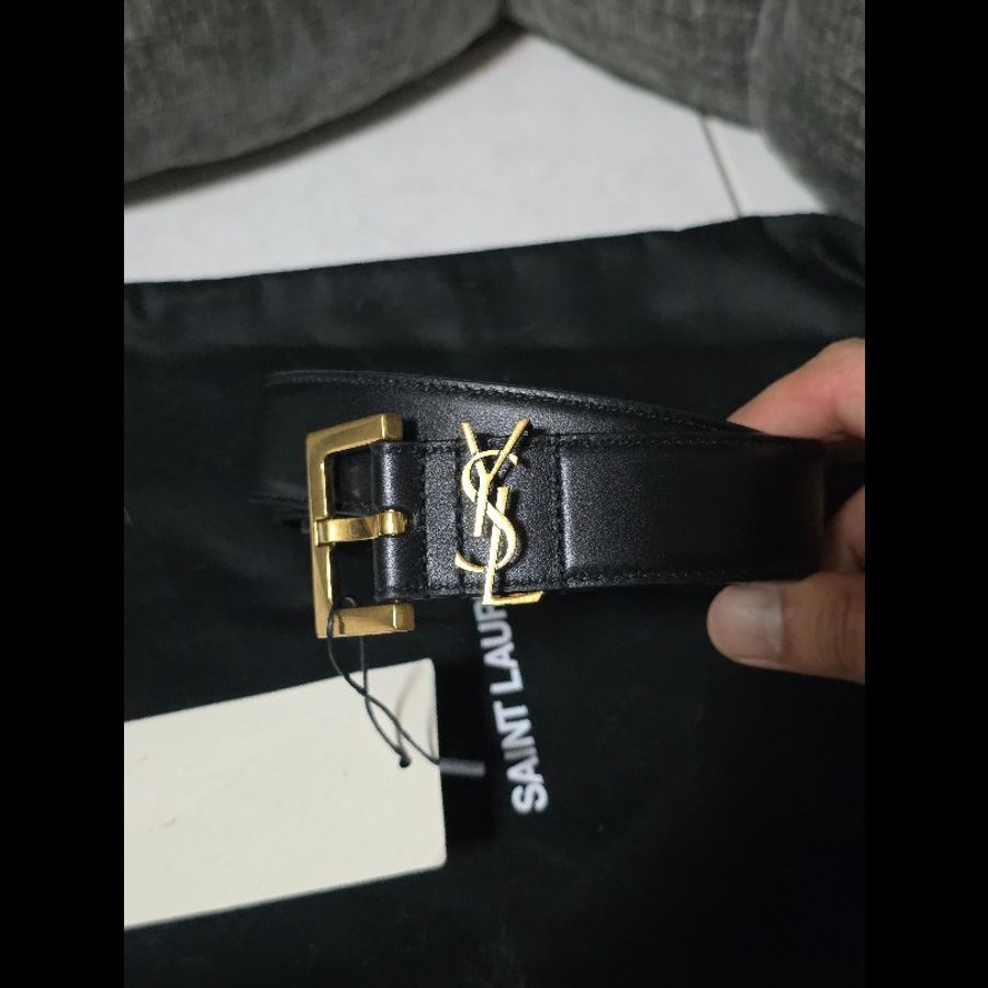 [全新] Saint Laurent YSL 經典Logo皮帶 黑金 90cm 未使用品-0