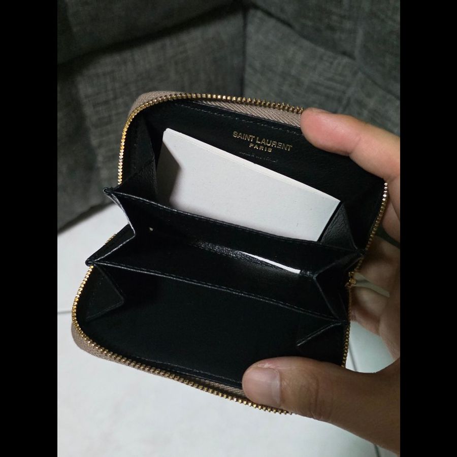 [全新] Saint Laurent YSL 小羊皮 零錢卡包 奶茶色 未使用品-4