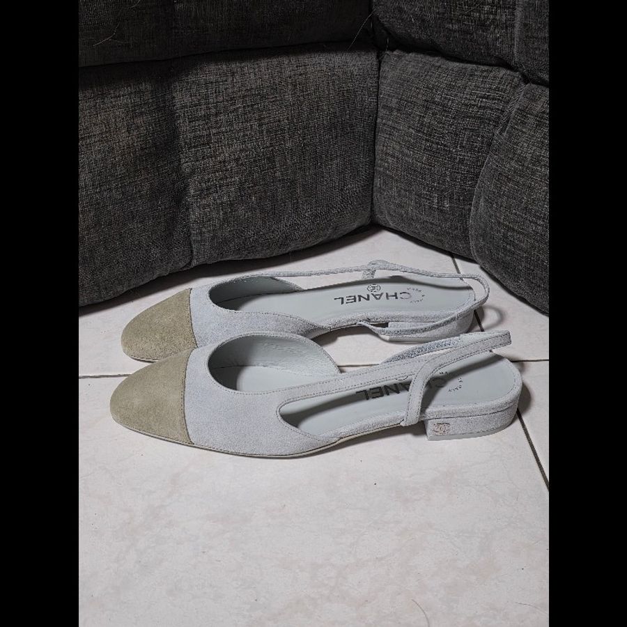 [近新] Chanel 香奈兒 平底麂皮雙色鞋 slingback 37C-0