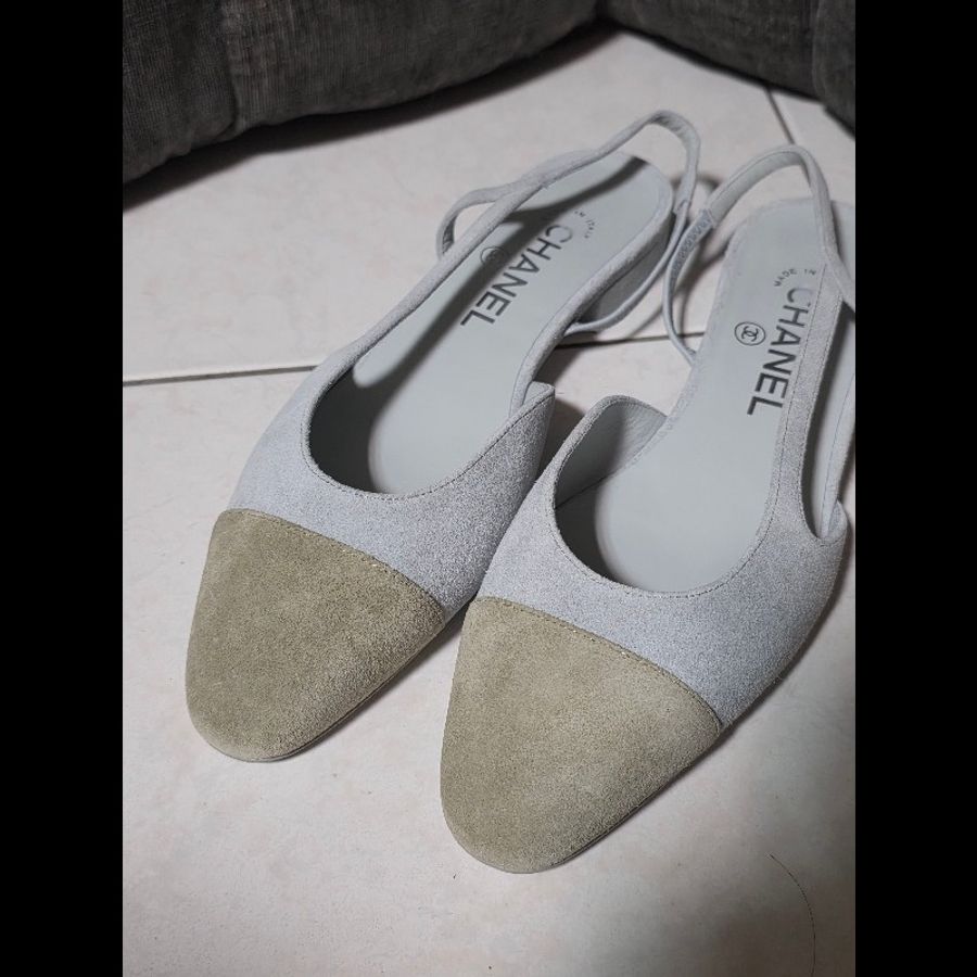 [近新] Chanel 香奈兒 平底麂皮雙色鞋 slingback 37C-1