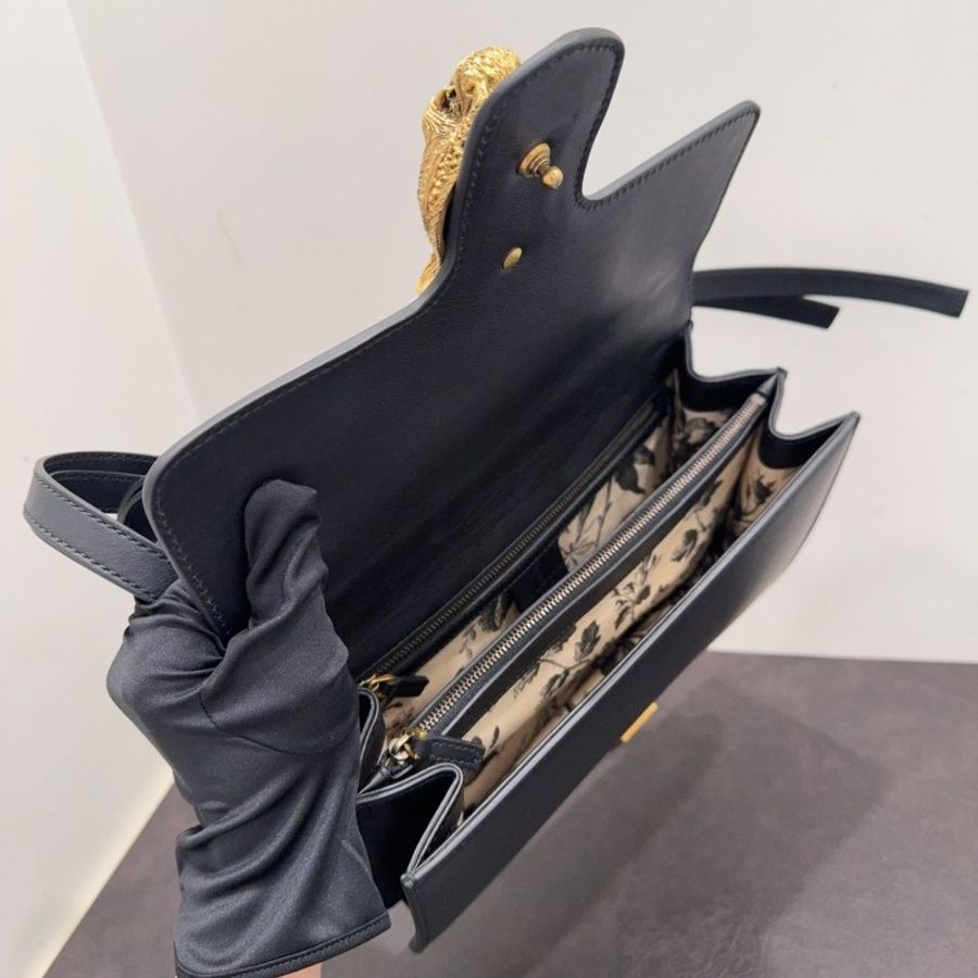Gucci古馳 Animalier黑色牛皮虎頭裝飾手提單肩包 虎頭包-4