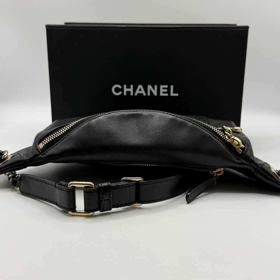 Chanel香奈兒 黑金羊皮腰包胸包斜背包-4