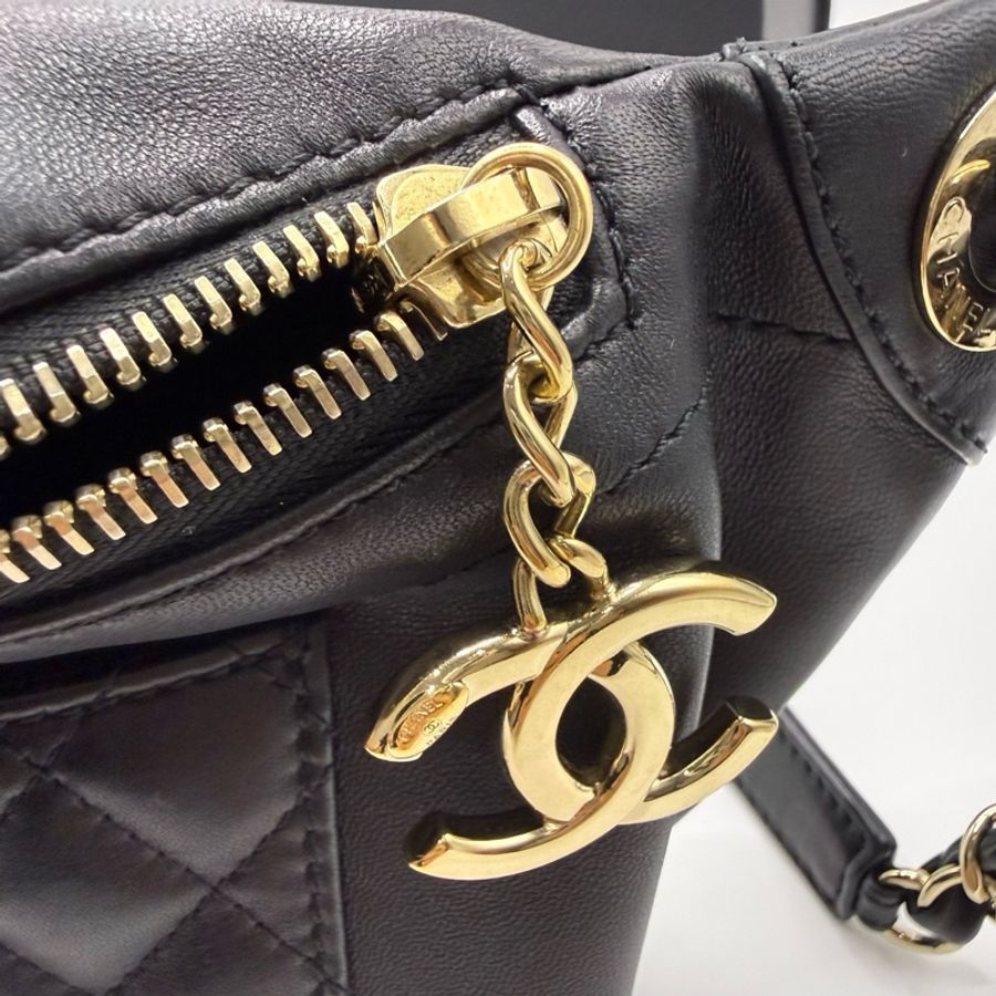 Chanel香奈兒 黑金羊皮腰包胸包斜背包-8