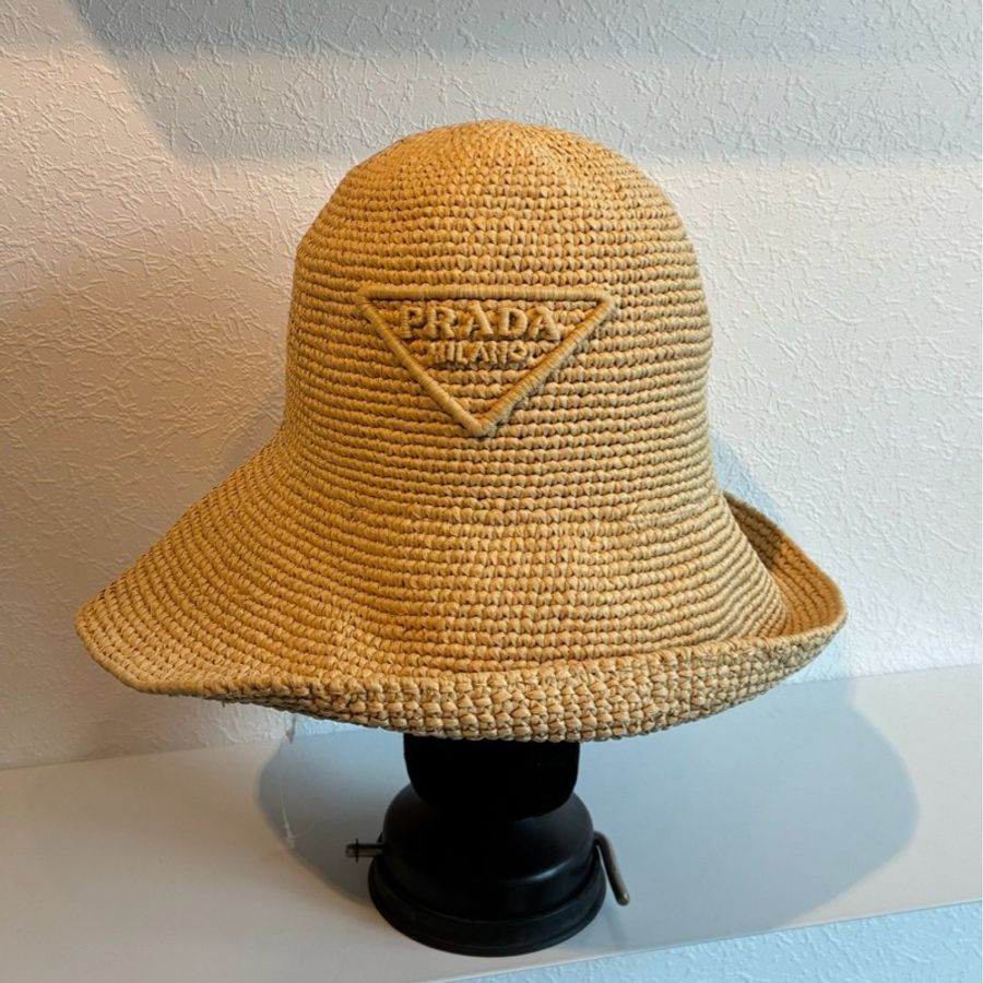 prada 鐵牌logo草編漁夫帽M-0