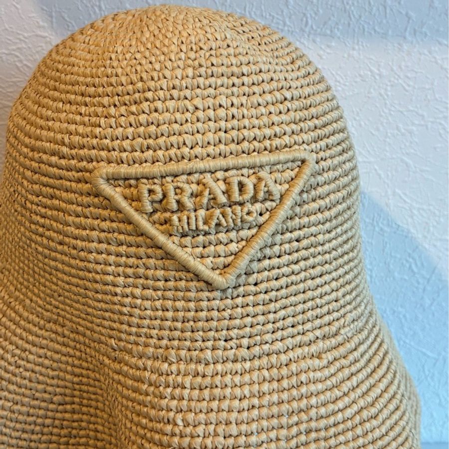 prada 鐵牌logo草編漁夫帽M-5