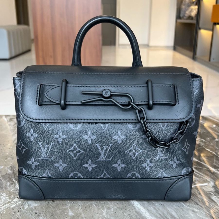 LV 路易威登LOUIS VUITTON Steamer 小盒子 Monogram Eclipse 塗層帆布 單肩斜挎手提包 小號 黑色拼灰色印花 芯片款-0