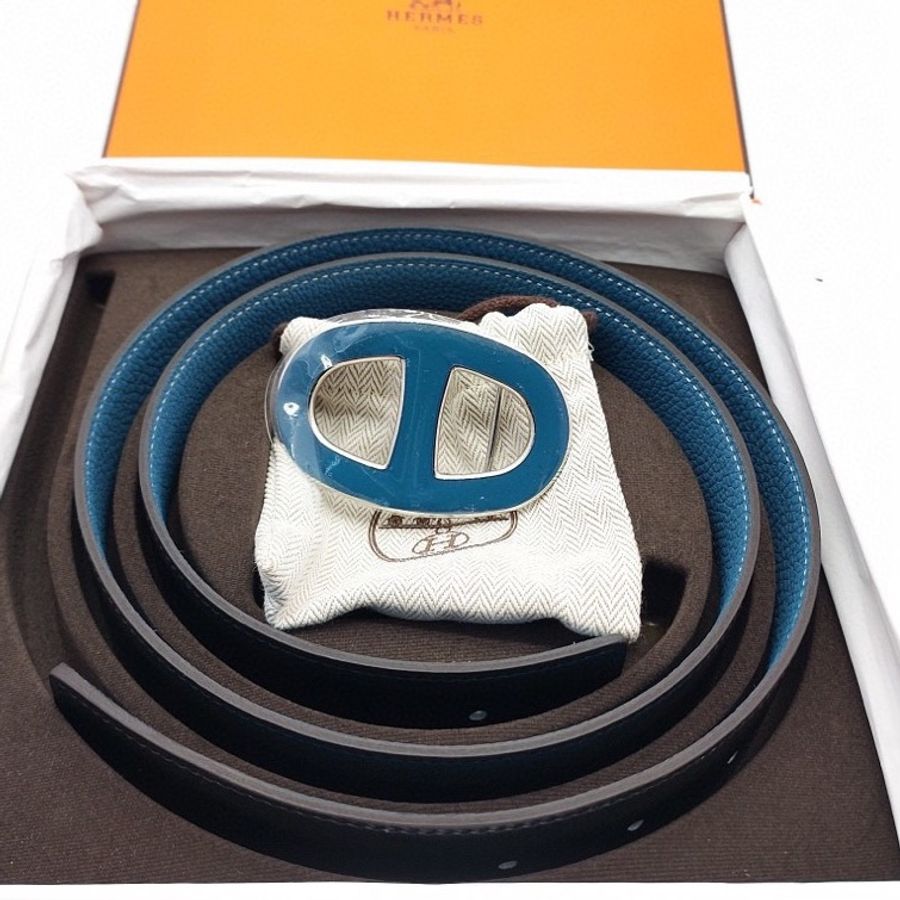 99新Hermes愛馬仕!豬鼻子琺瑯扣牛皮黑藍雙面配色腰帶,尺寸:90碼,框P刻-0