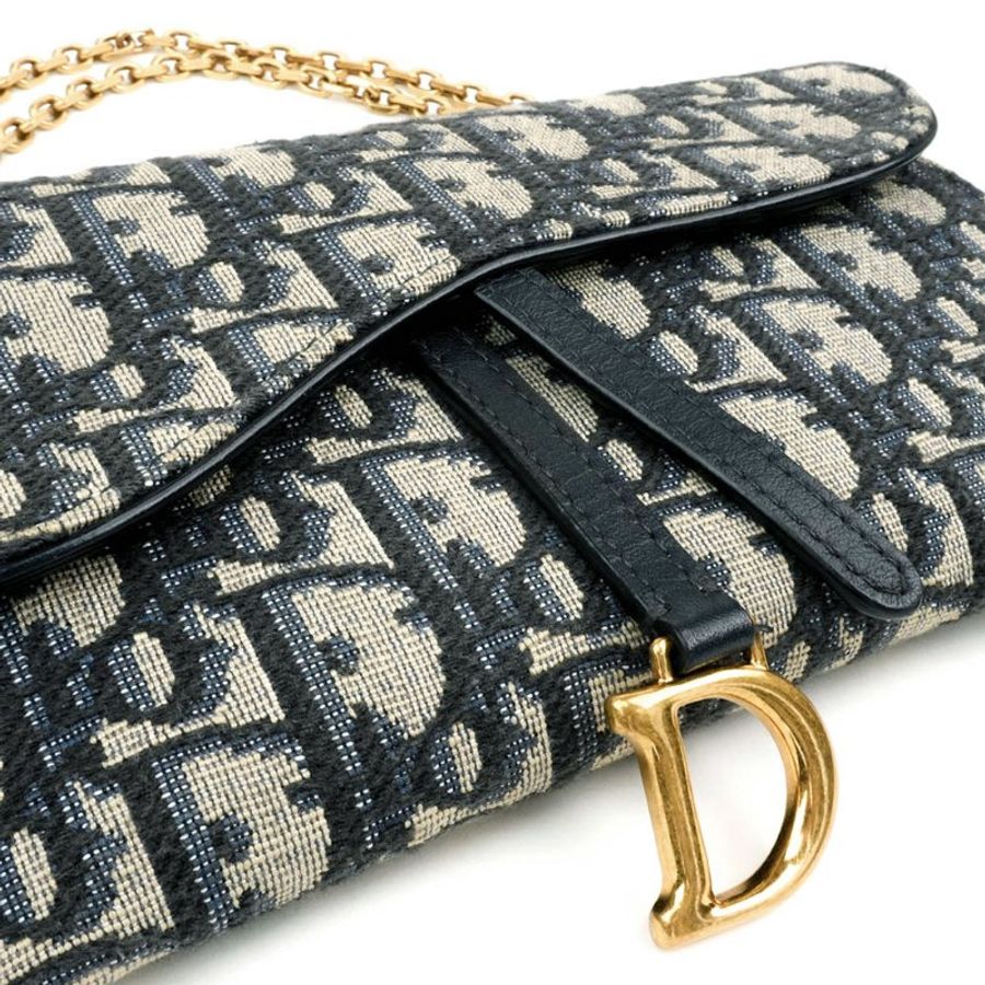 🖤 鑒定師的收藏 🖤 DIOR 迪奧 藍色緹花 WOC馬鞍鏈帶鏈長夾 DIOR Saddle Pouch with Chain (Blue Oblique)-10