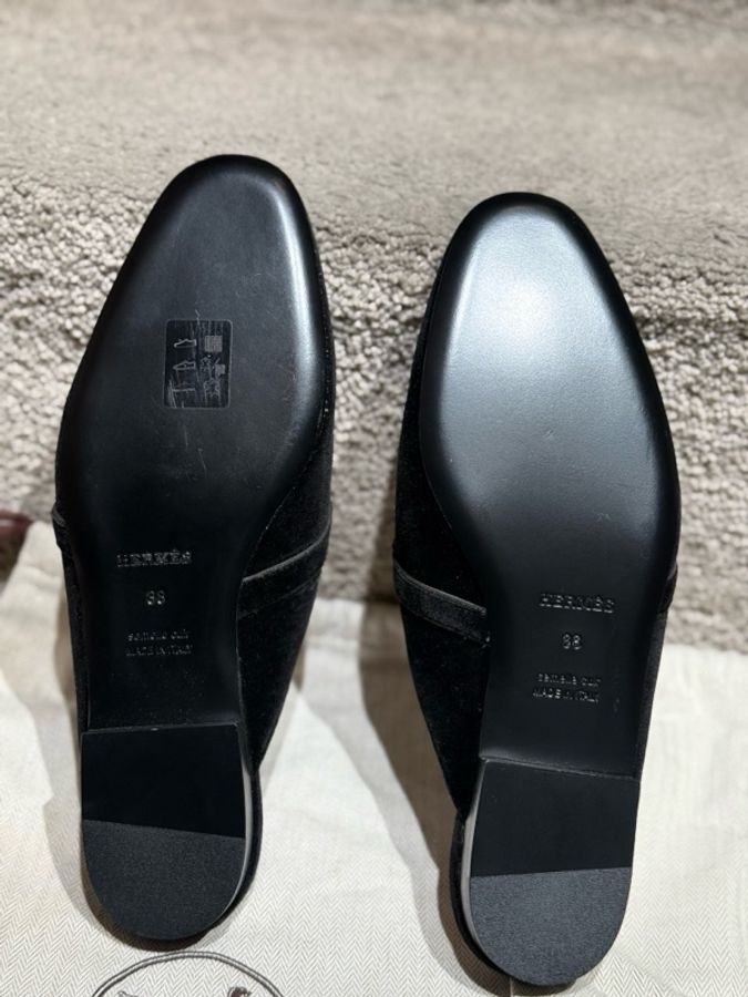 99新 Hermes 愛馬仕 Oz Kelly金扣麂皮穆勒拖鞋 38碼-3