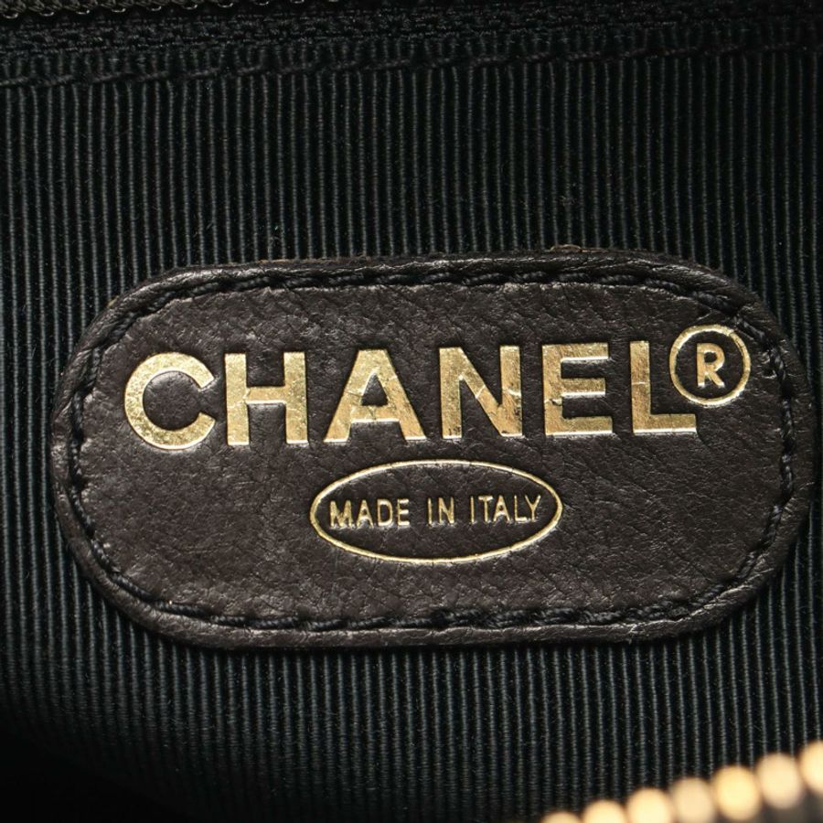 香奈兒 (CHANEL) 女士黑色小牛皮Logo刺繡手提包,金色五金配件,二手-3
