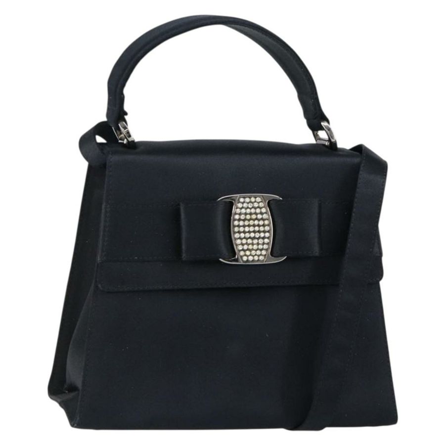【日本直送】Salvatore Ferragamo Vala 手提包 緞面 兩用 黑色 銀色 正品 151299-0