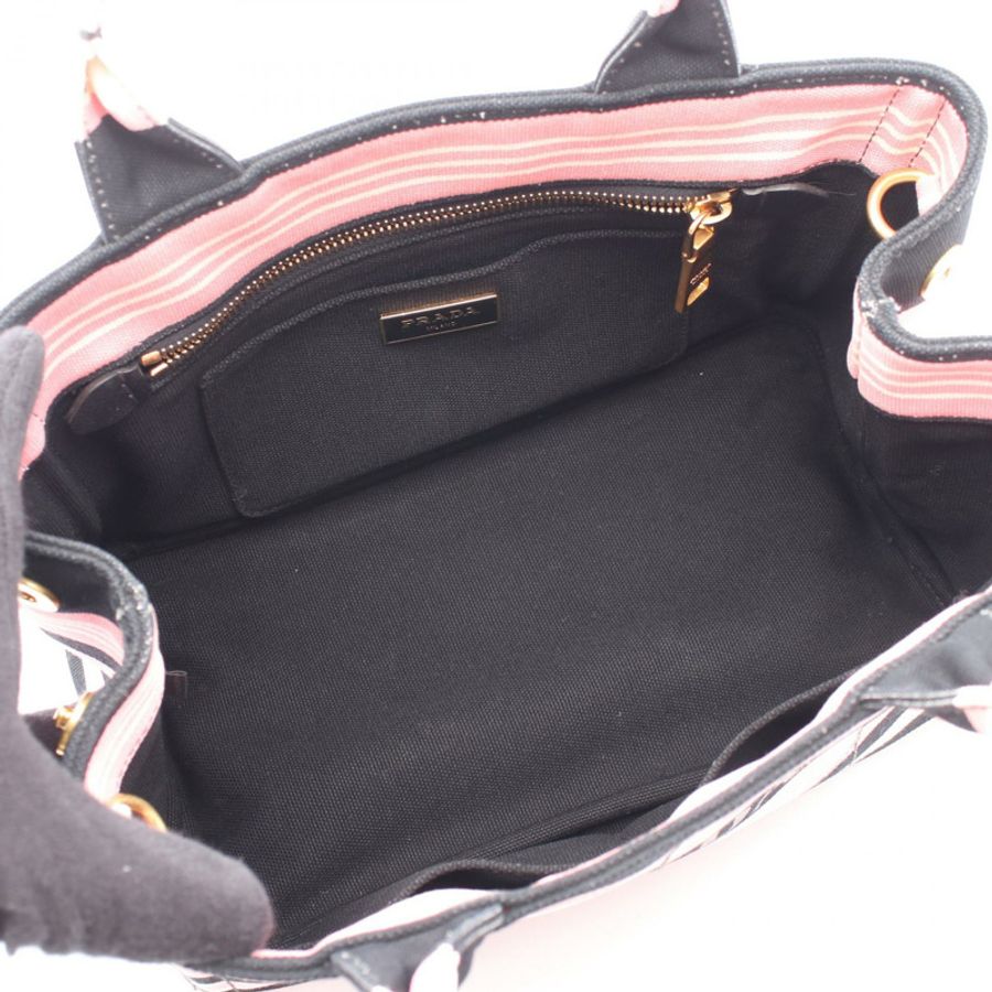 PRADA CANAPA RIGHE 肩挎手提包 帆布 粉紅色 黑色 二手 女款-2