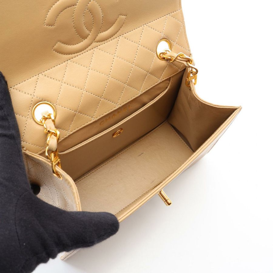 香奈兒 (CHANEL) 絎縫鏈條單肩包,羊皮材質,米色,二手,女士款,金色五金-2