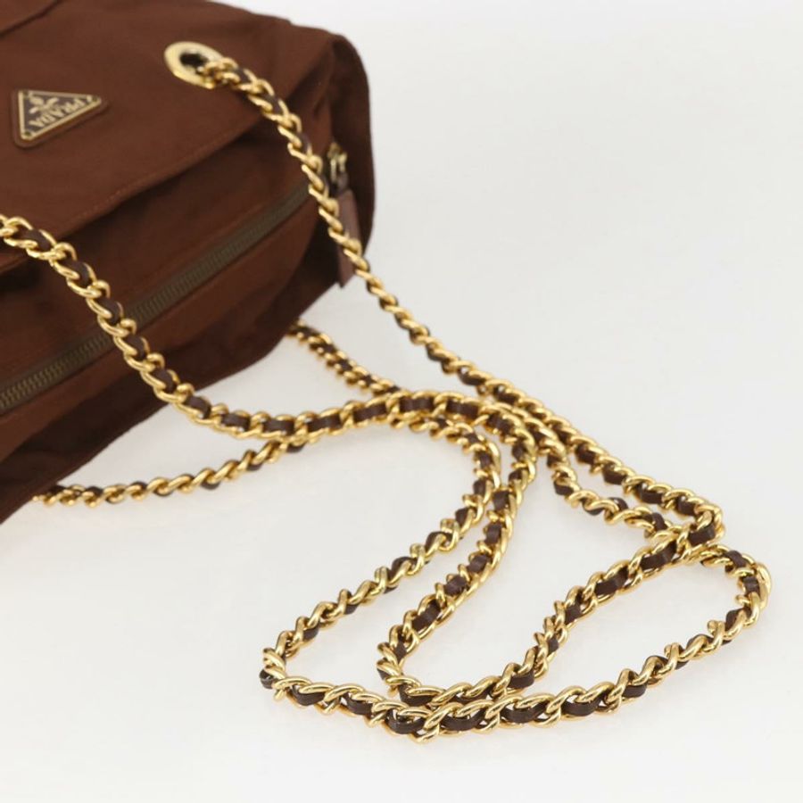 【日本直送】PRADA 鏈條絎縫肩背包 尼龍 棕色 金色 正品 160140-6