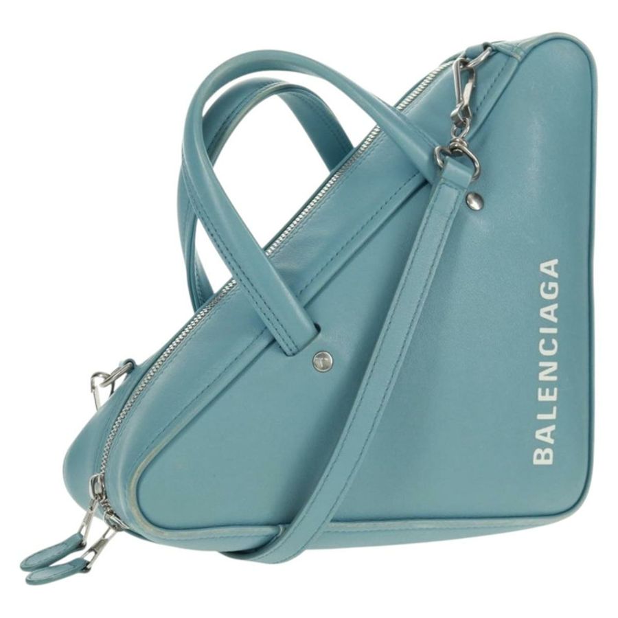 【日本直送】BALENCIAGA 三角形 S 手提包 皮革 兩用 淺藍色 銀色 476975 正品 161230-0