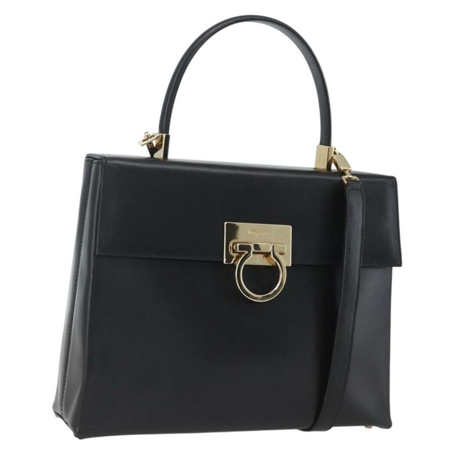 【日本直送】Salvatore Ferragamo Gancini 手提包 皮革 2way 黑色 金色 Auth 164875V-0