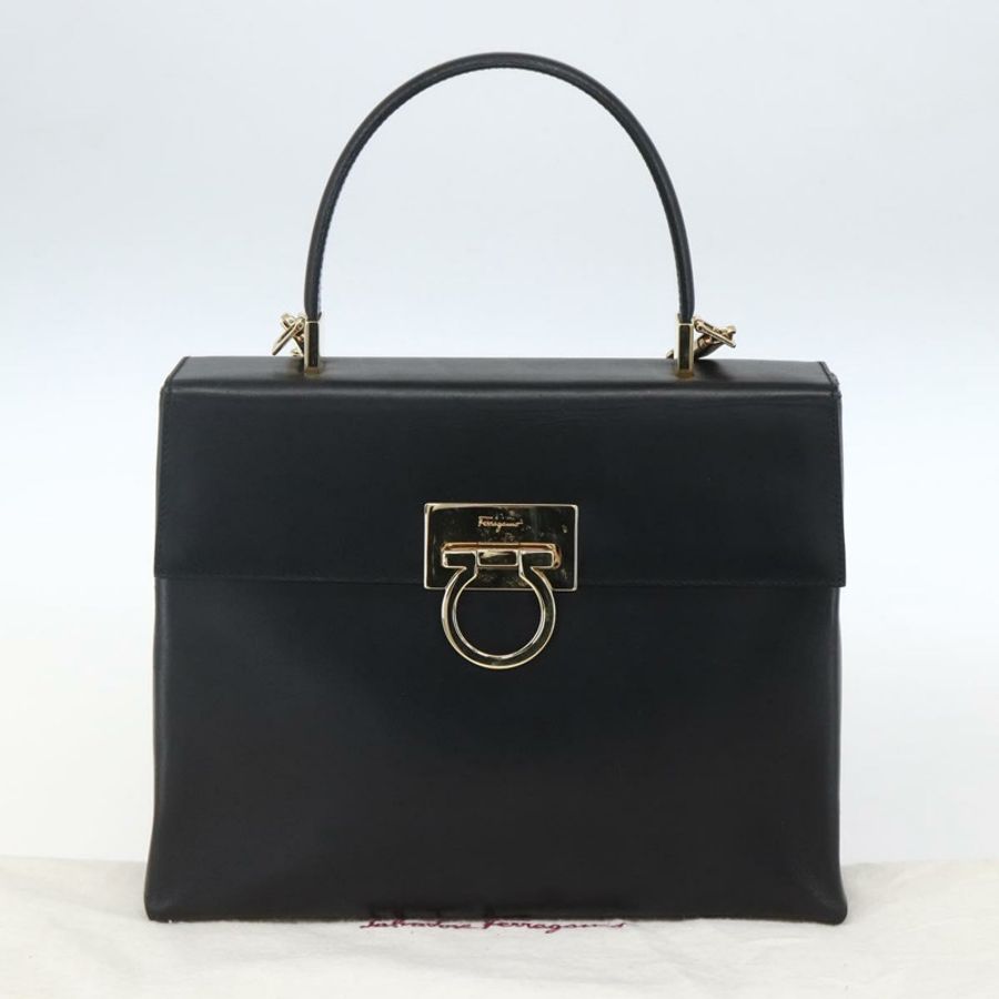 【日本直送】Salvatore Ferragamo Gancini 手提包 皮革 2way 黑色 金色 Auth 164875V-11