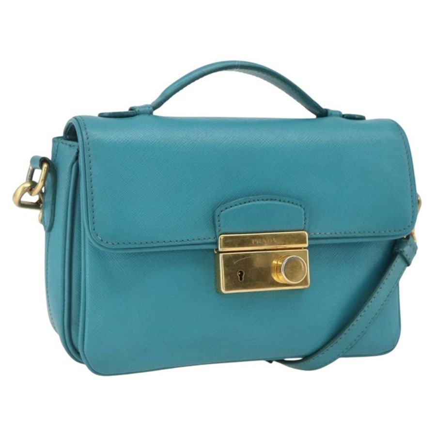 【日本直送】PRADA 手提包 Safiano 皮革 2way 淺藍色 金色 Auth 166296-0