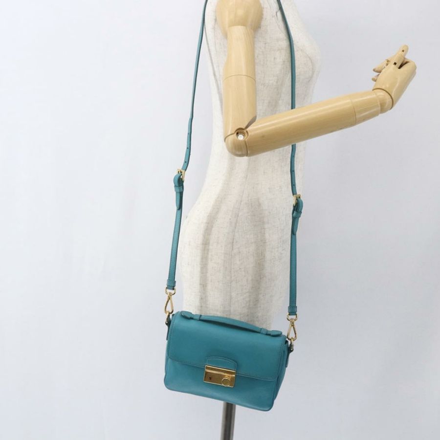 【日本直送】PRADA 手提包 Safiano 皮革 2way 淺藍色 金色 Auth 166296-26