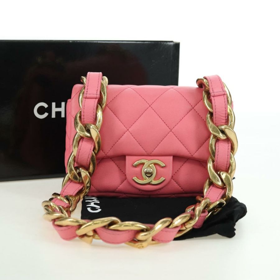 【日本直送】香奈兒 (CHANEL) 絎縫鏈條單肩包,羊皮材質,粉紅色金色雙C標誌,正品編號 177321SAM-11