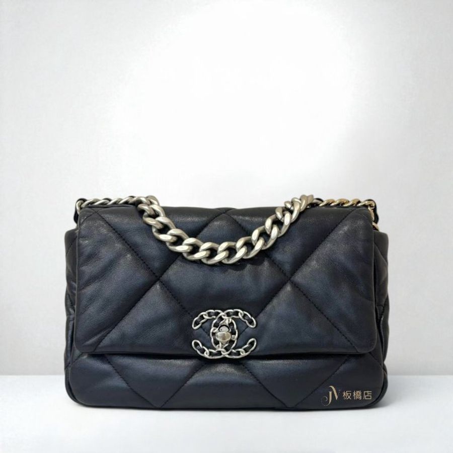 JS1484-CHANEL 19黑羊皮銀扣肩背包AS1160-0