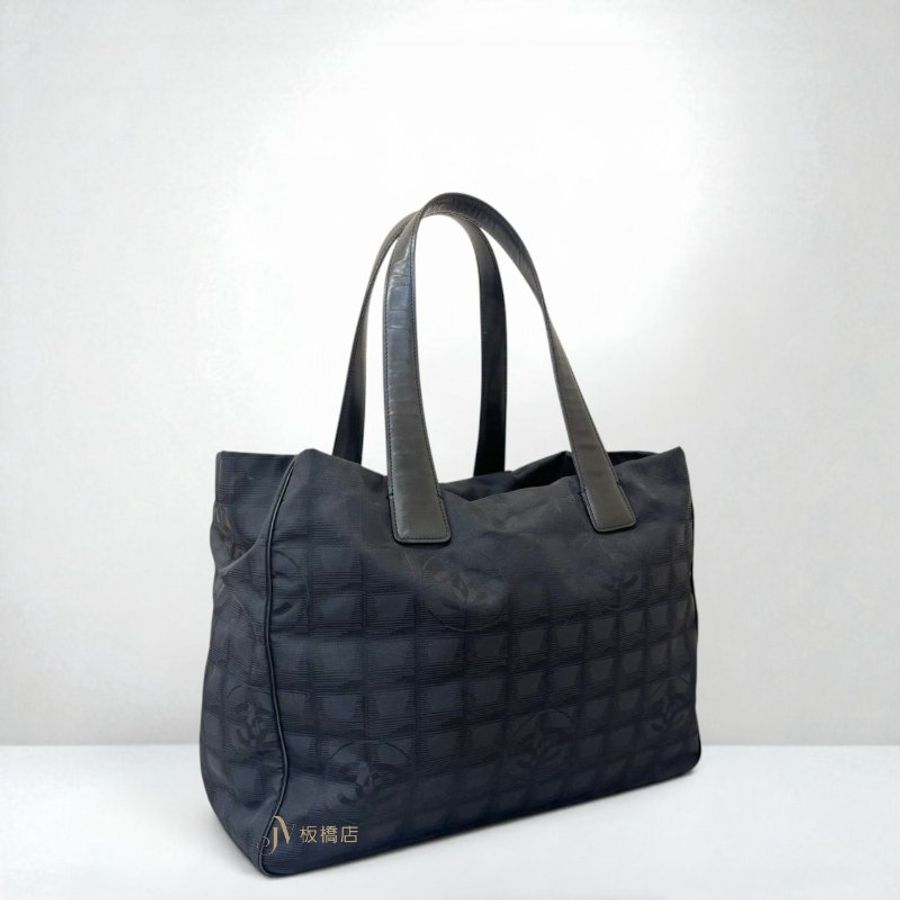 JS1485-CHANEL 黑色尼龍手把黑皮革托特包-3