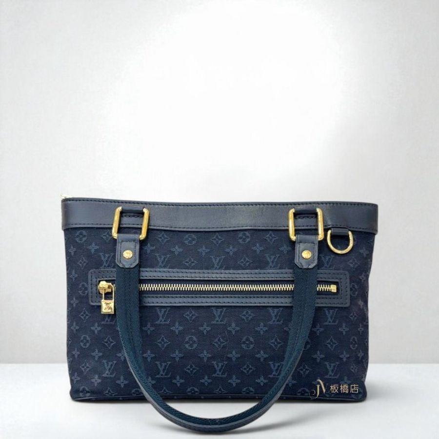 JS1486-LV 藍色原花帆布拼黑牛皮金扣肩背包M92680-1