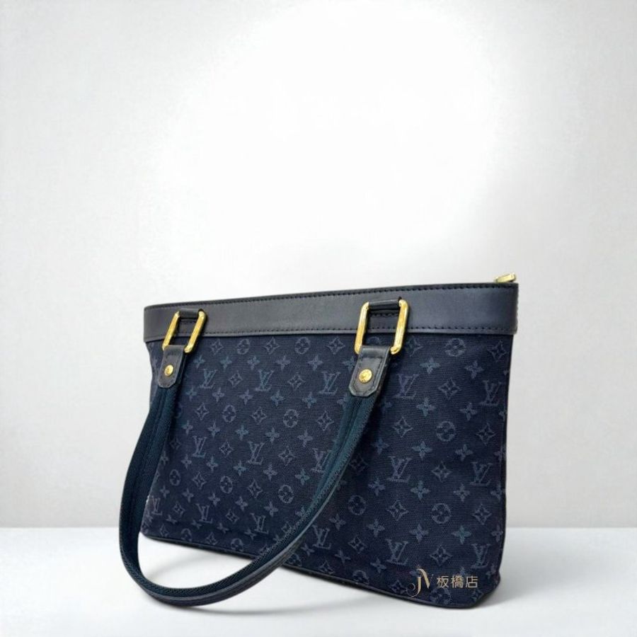 JS1486-LV 藍色原花帆布拼黑牛皮金扣肩背包M92680-3