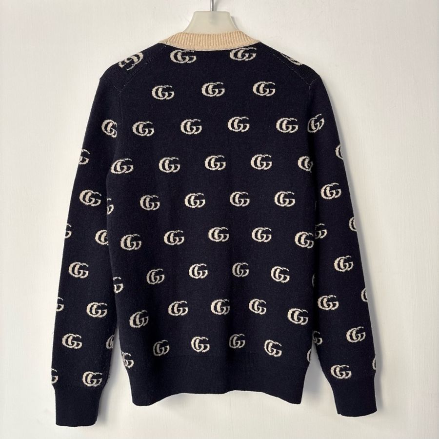 S號 ::GUCCI:: 藍色滿版雙G 學院風開襟上衣 木色鈕扣-7