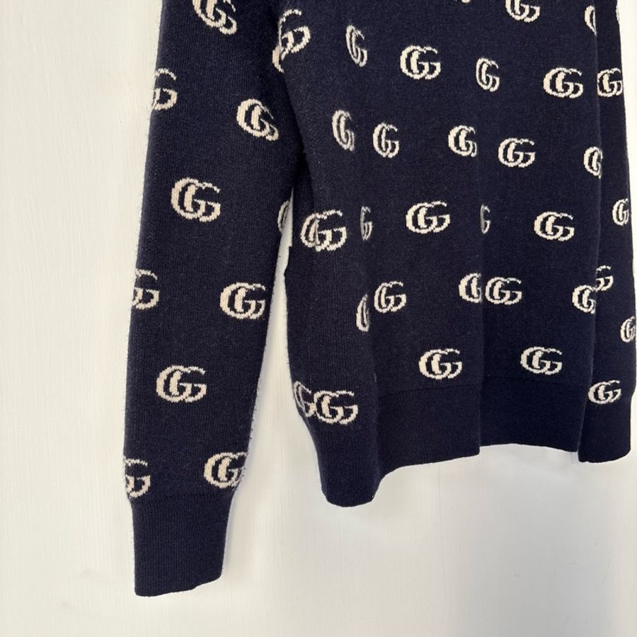 S號 ::GUCCI:: 藍色滿版雙G 學院風開襟上衣 木色鈕扣-11