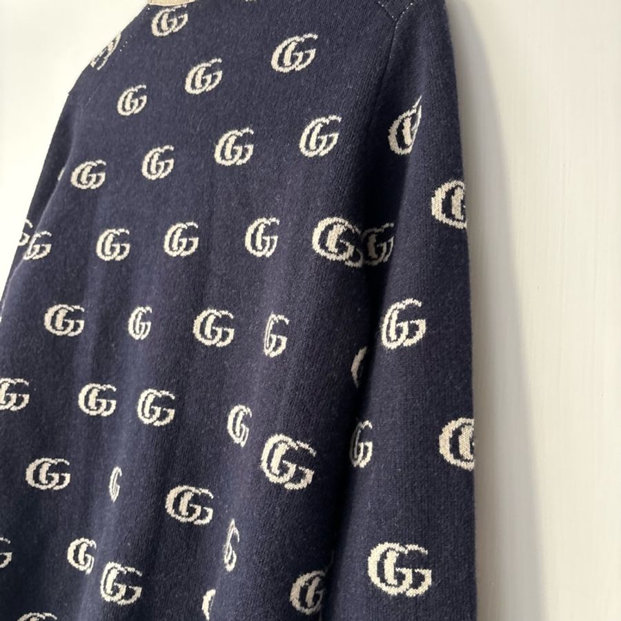 S號 ::GUCCI:: 藍色滿版雙G 學院風開襟上衣 木色鈕扣-13