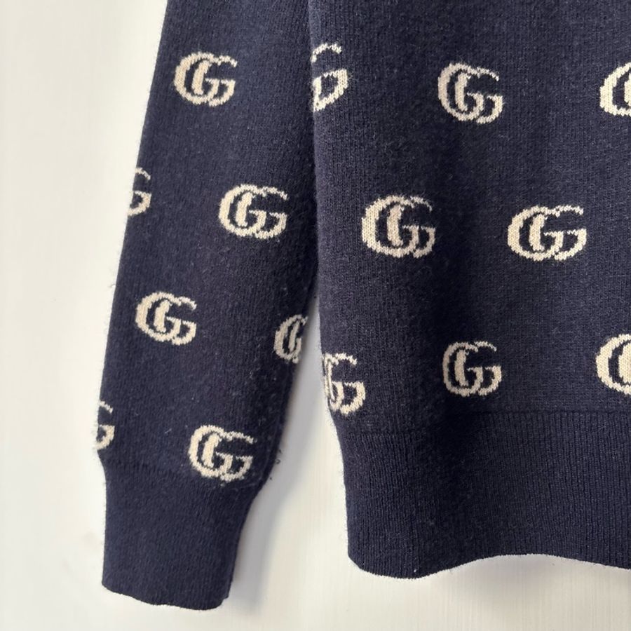 S號 ::GUCCI:: 藍色滿版雙G 學院風開襟上衣 木色鈕扣-14