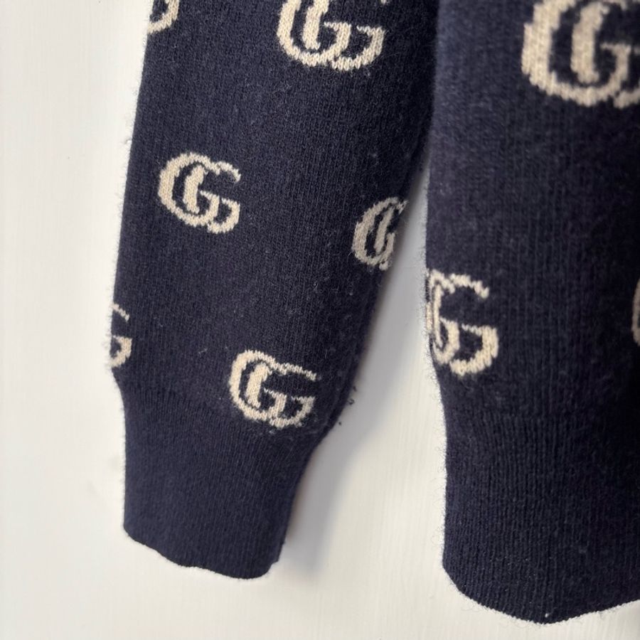 S號 ::GUCCI:: 藍色滿版雙G 學院風開襟上衣 木色鈕扣-15