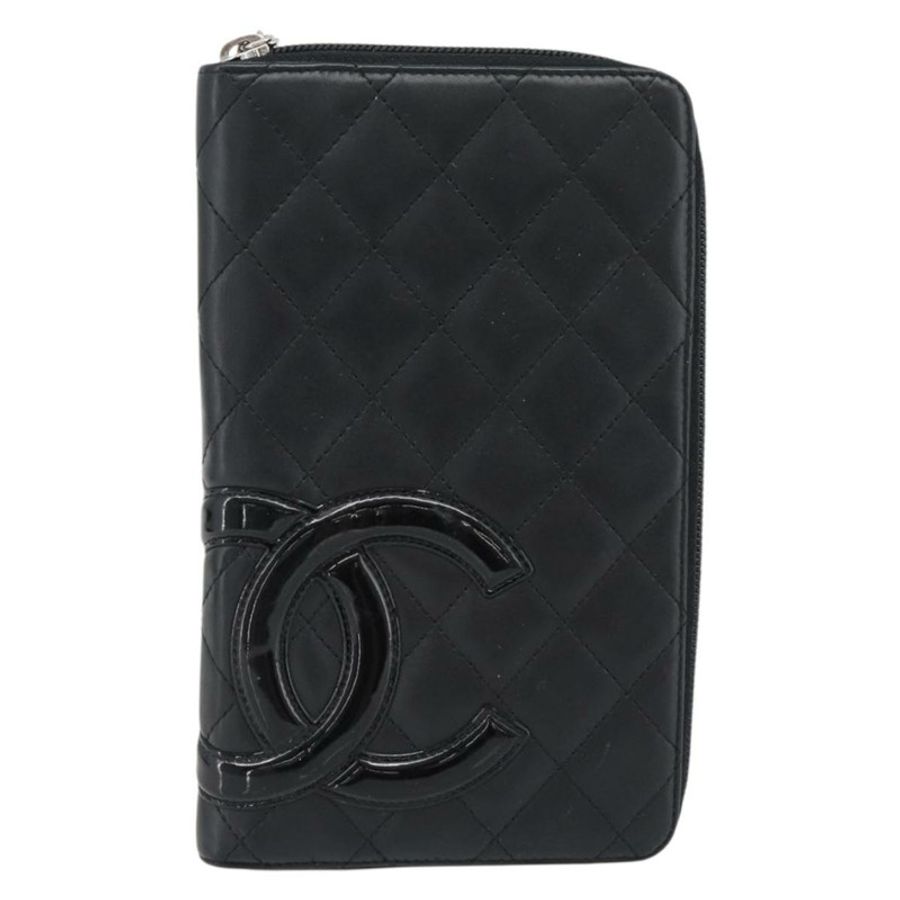 【日本直送】香奈兒 (CHANEL) 絎縫 Cambon 系列長款錢包,黑色銀色雙C標誌,正品編號 181675V-12
