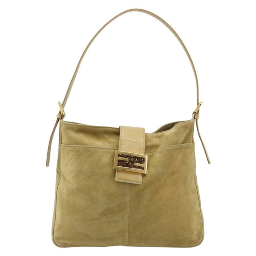 【日本直送】FENDI Mamma Baguette 肩背包 麂皮 米色 金色 正品 182030V-12