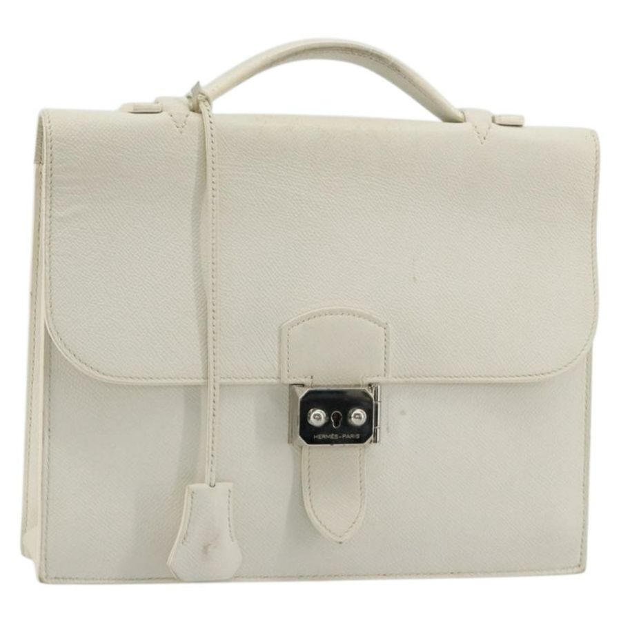【日本直送】愛馬仕 Sac Adepeche 27 手提包,白色銀色皮革,正品,貨號 182041A-0