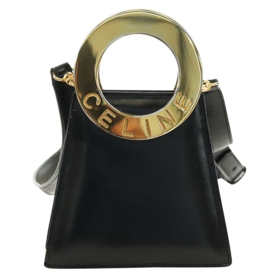 【日本直送】CELINE 圓背包,黑色皮革,金色,正品 181901SM-1