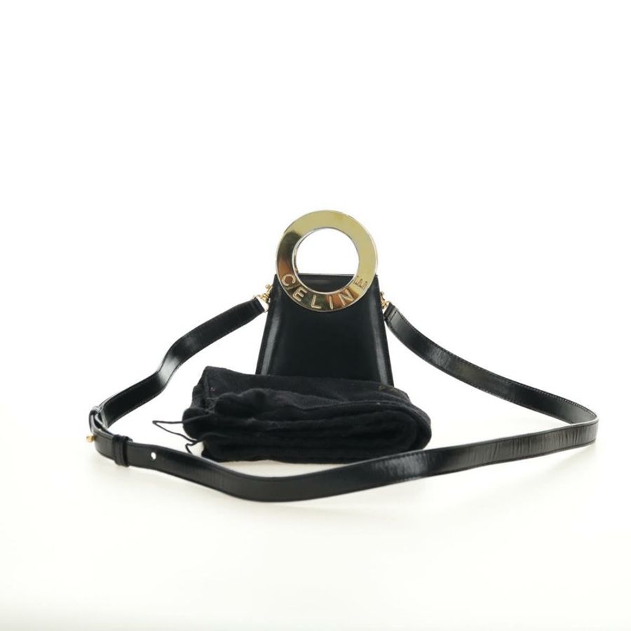 【日本直送】CELINE 圓背包,黑色皮革,金色,正品 181901SM-11